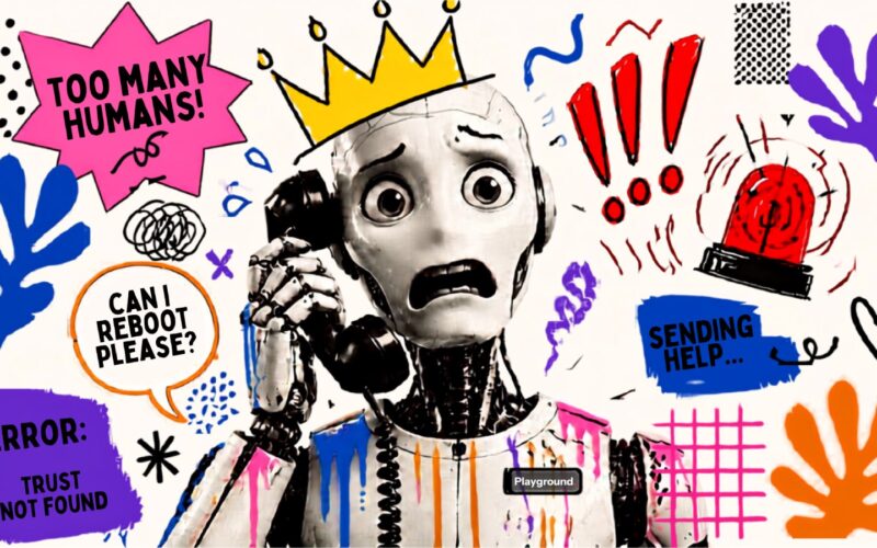 Robot pop-art con corona al telefono, sirena rossa e scritte "sending help": un agente AI nel panico che chiede aiuto.