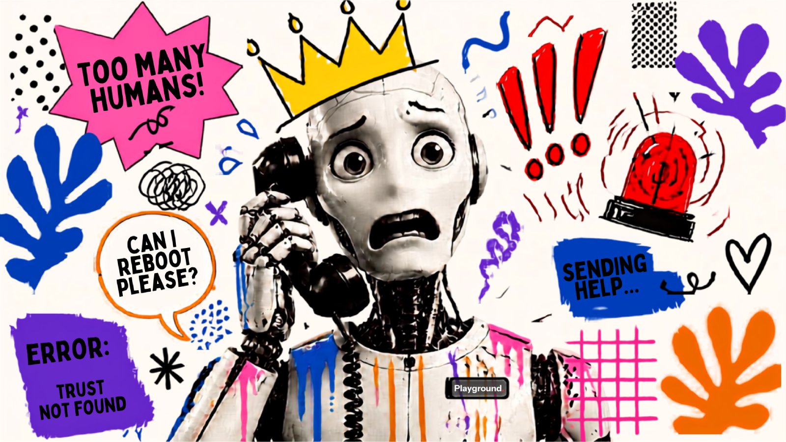 Robot pop-art con corona al telefono, sirena rossa e scritte "sending help": un agente AI nel panico che chiede aiuto.