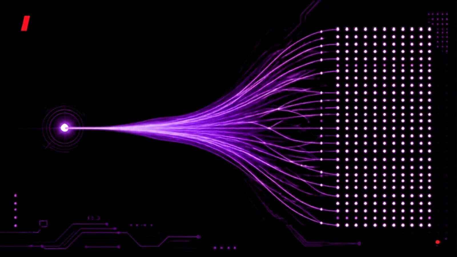 Da un unico nodo luminoso partono scie neon verdi verso una fitta griglia di punti uguali su sfondo nero: l'AI gratuita coreana per tutti i cittadini.