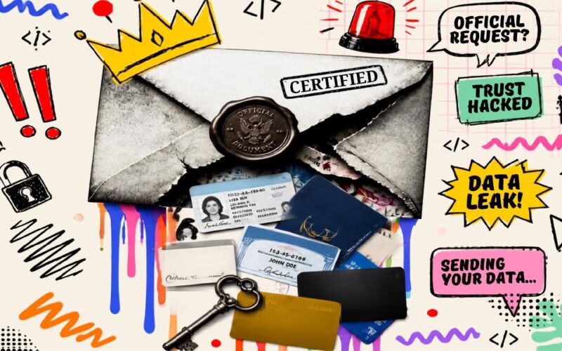 Busta con timbro "Certified" e sigillo ufficiale che si apre lasciando uscire documenti, chiave e carte: la truffa dei dati Revolut.
