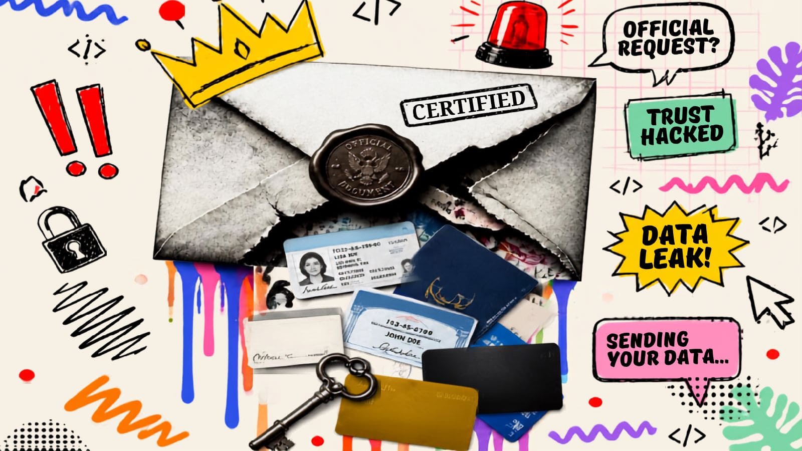 Busta con timbro "Certified" e sigillo ufficiale che si apre lasciando uscire documenti, chiave e carte: la truffa dei dati Revolut.