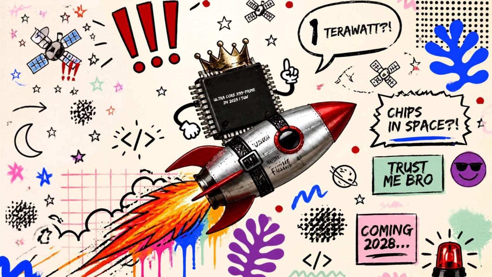 Microchip con corona su un razzo che decolla tra satelliti e doodle colorati: la mega-fabbrica Terafab di Elon Musk.