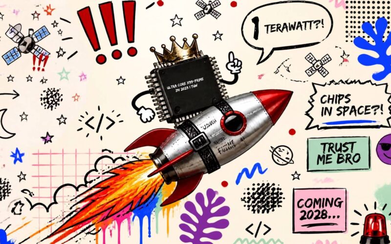 Microchip con corona su un razzo che decolla tra satelliti e doodle colorati: la mega-fabbrica Terafab di Elon Musk.