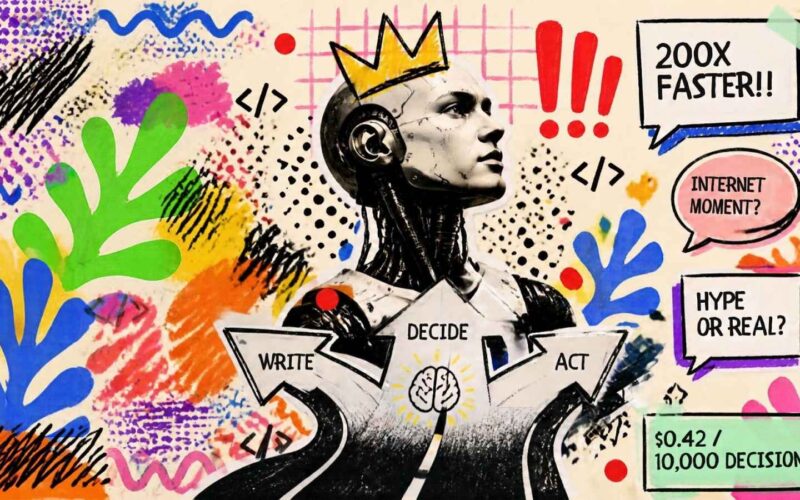 Testa robot in bianco e nero a un bivio con tre frecce "write, decide, act" tra doodle colorati: il pattern Jev Engineering.