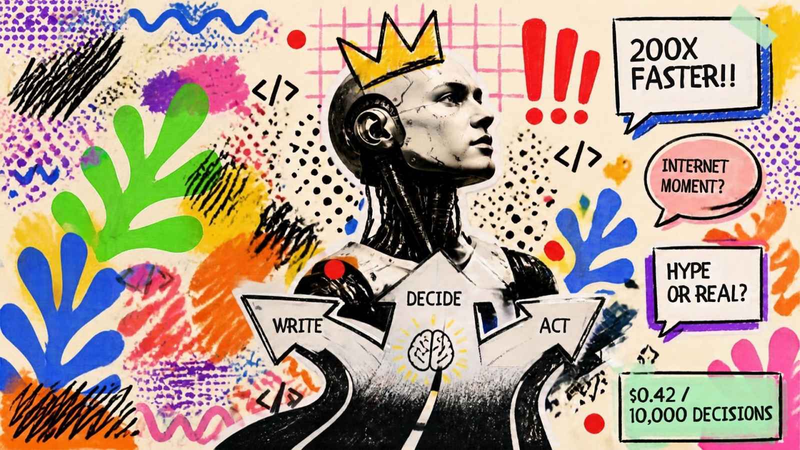 Testa robot in bianco e nero a un bivio con tre frecce "write, decide, act" tra doodle colorati: il pattern Jev Engineering.